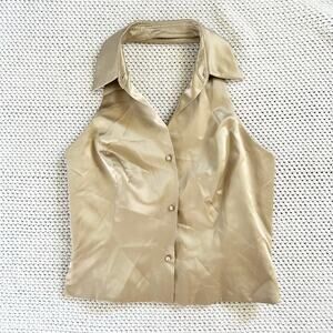 David Meister Vintage Gold Beige Shine Silk Jeweled Buttons Halter Blouse Y2K 8